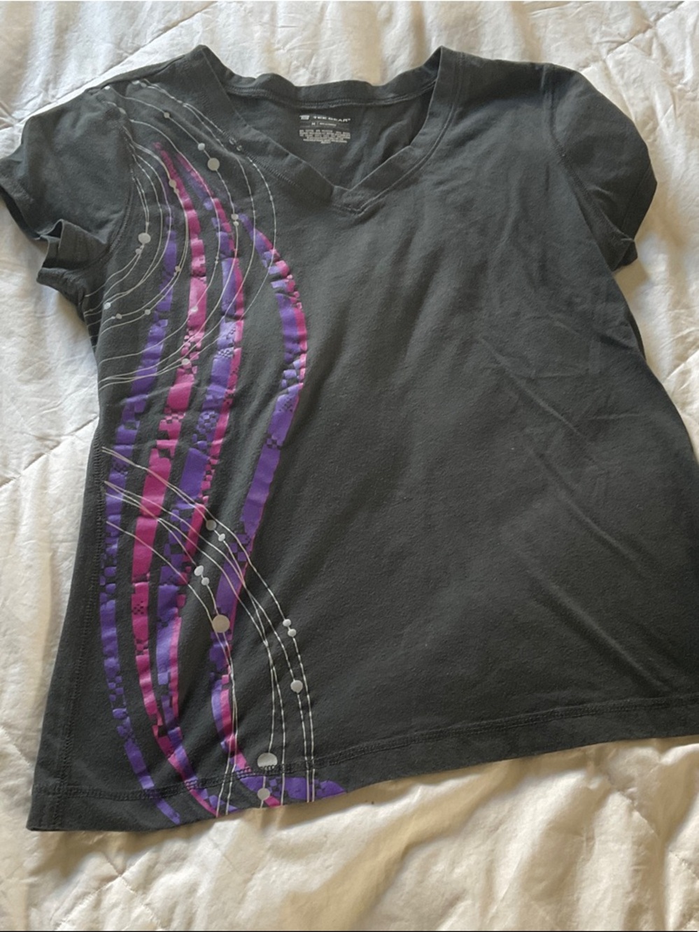 Women's Black V-Neck Tee with Pink & Purple Wave Graphic